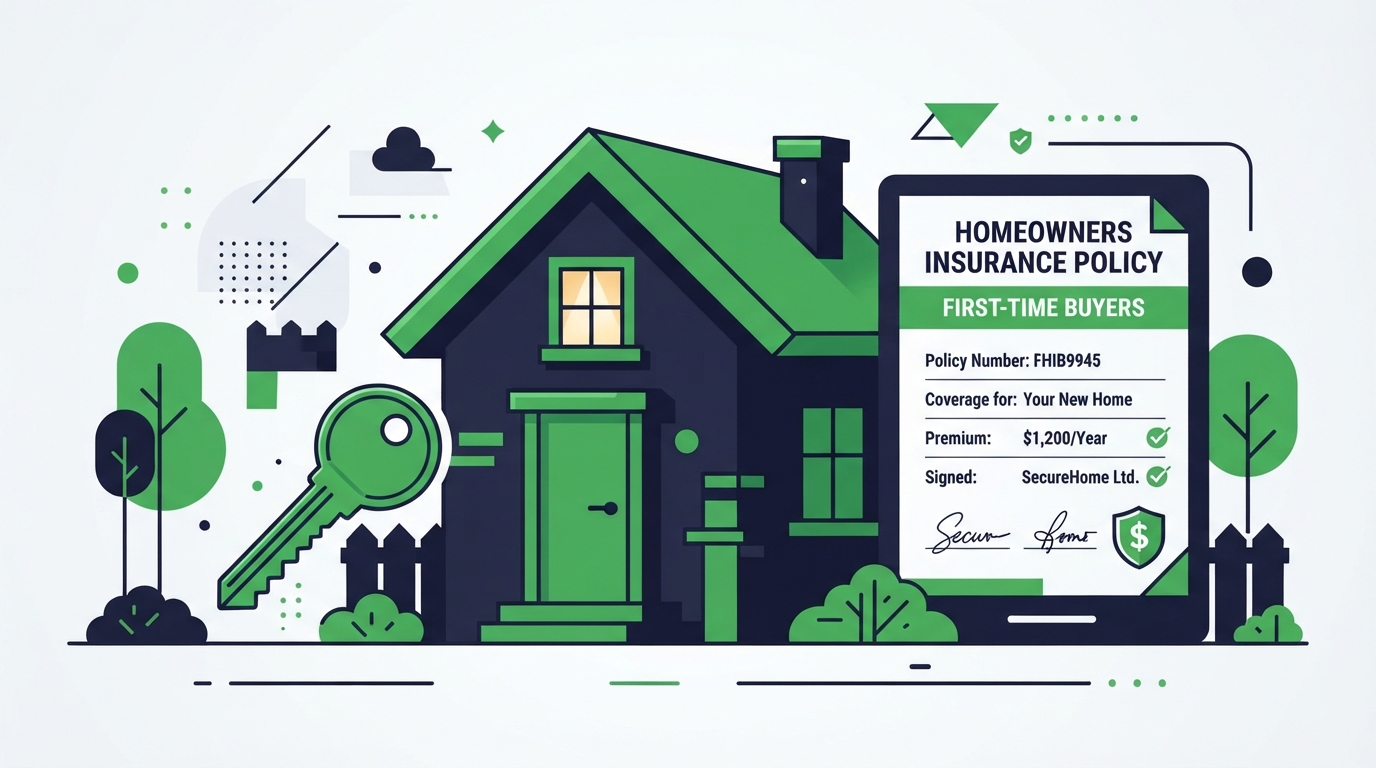 Icon illustration of a house with a key and insurance document for first-time buyers
