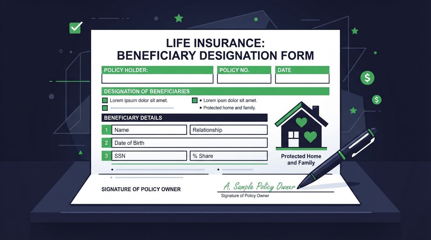 Icon illustration of a document and pen for a life insurance beneficiary designation