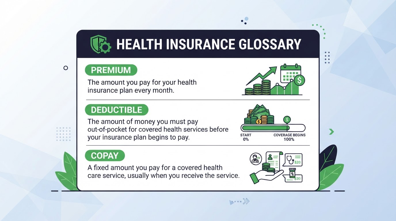 Icon illustration of a glossary card with health insurance terms premium, deductible, copay
