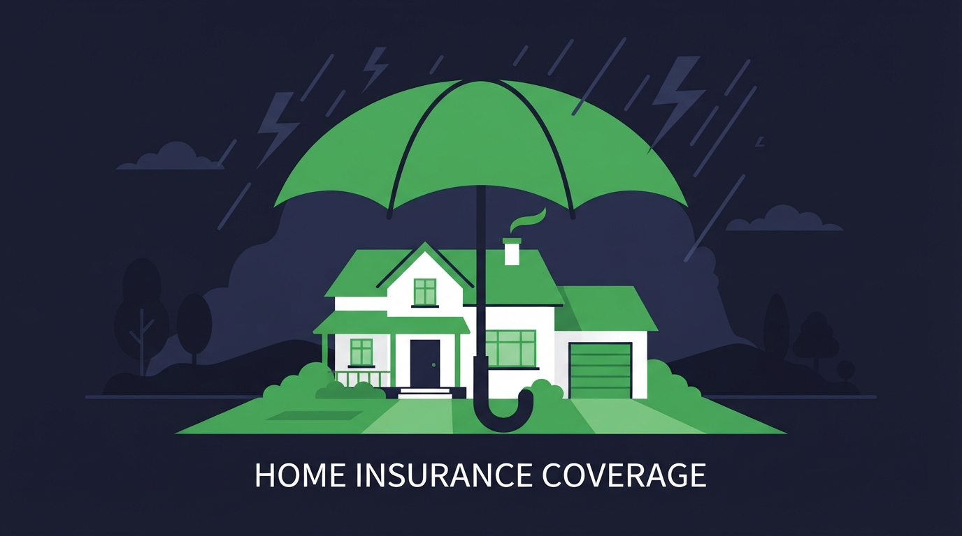 Icon illustration of a suburban house under a protective umbrella for home insurance