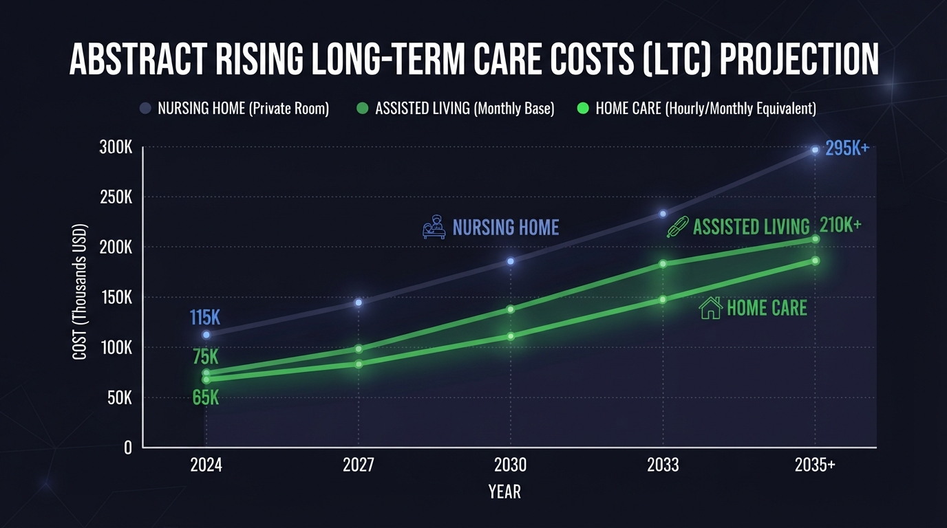 Icon chart of rising long-term care costs across nursing home, assisted living, and home care