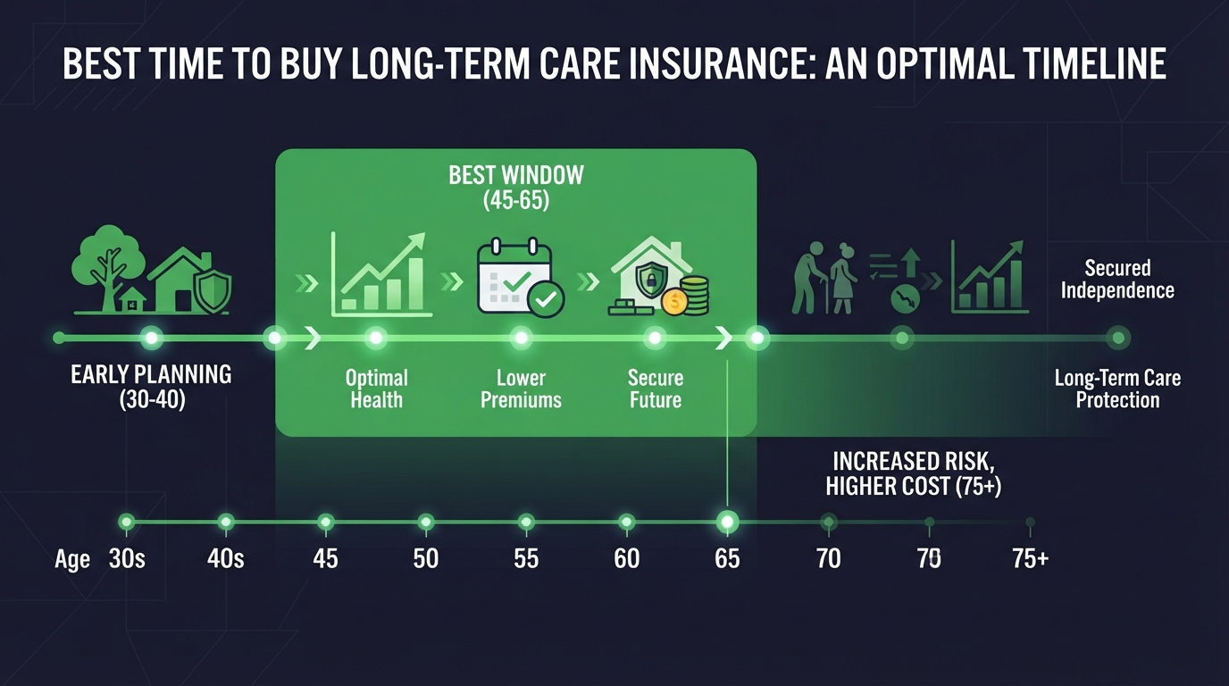 Icon timeline of ages marking the best time to buy long-term care insurance
