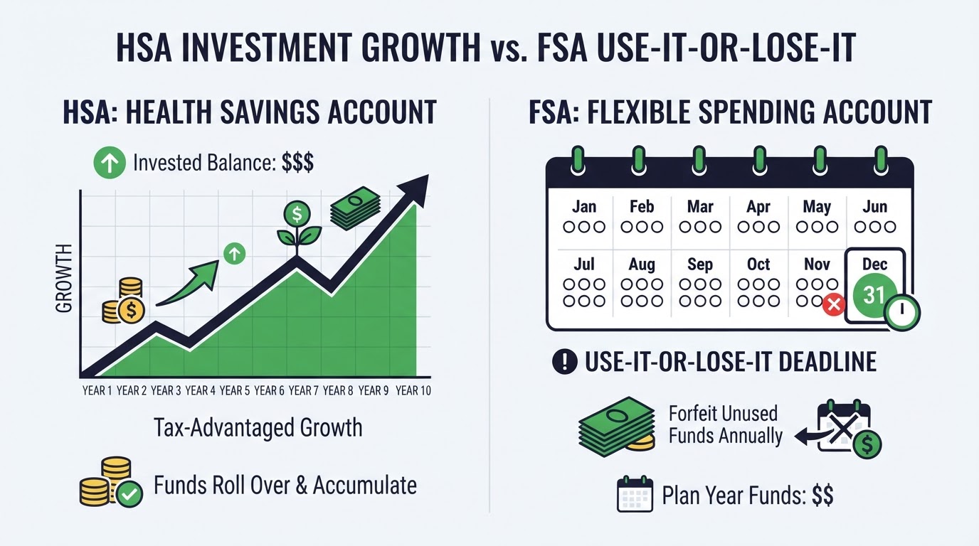Icon illustration comparing HSA investment growth and FSA use-it-or-lose-it rules