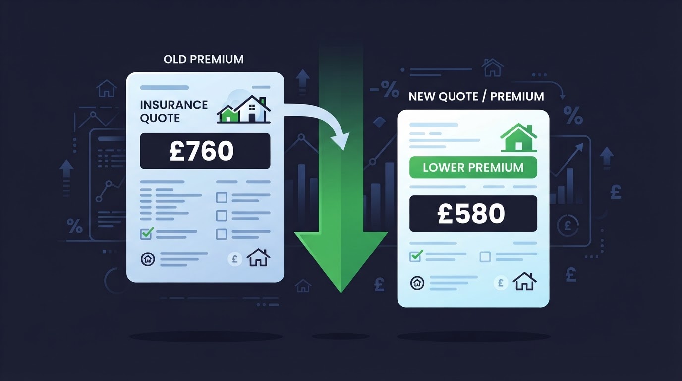 Icon illustration of two insurance quotes with a downward price arrow for lowering home premiums