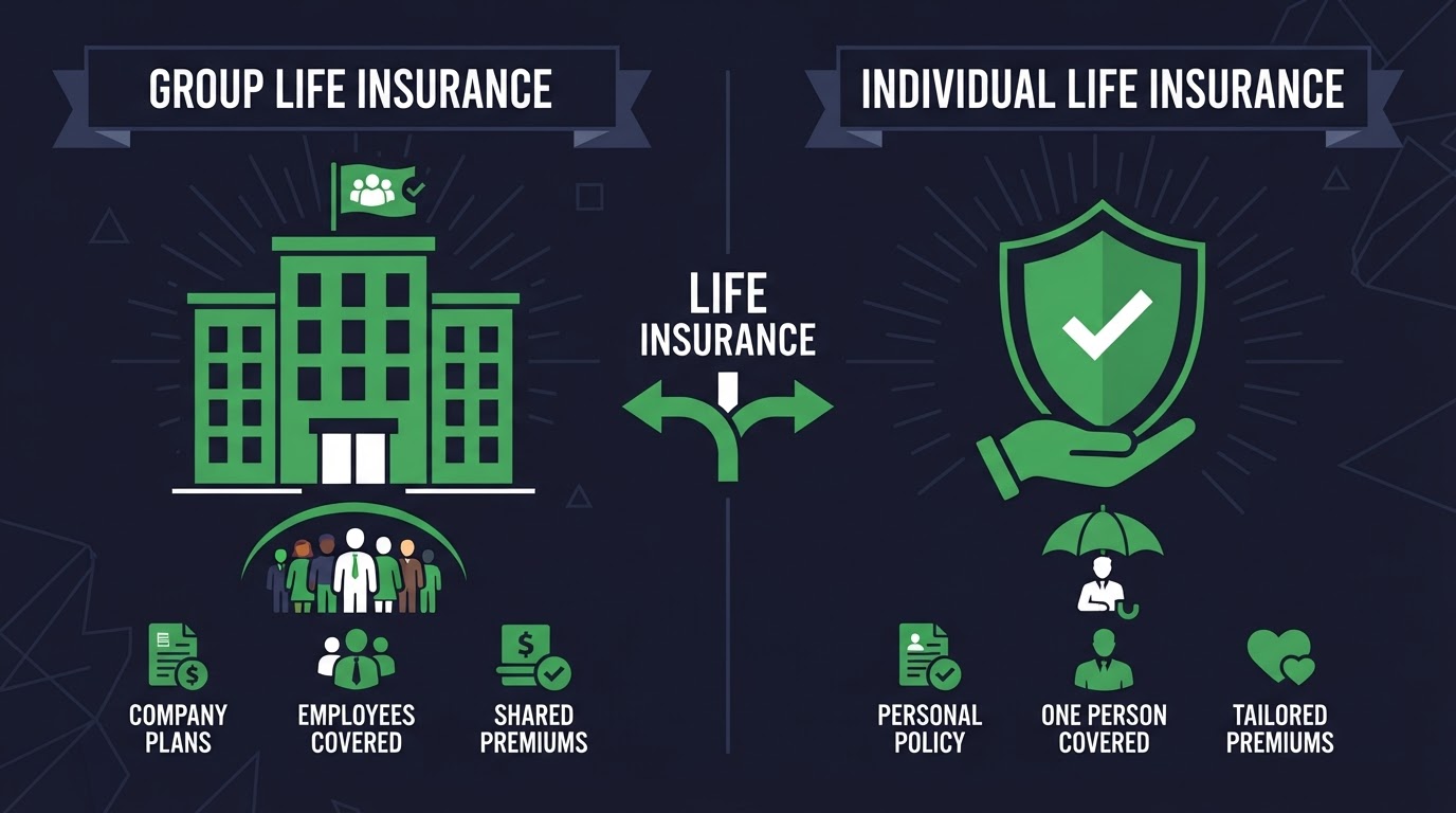 Icon illustration comparing an office building and a single shield for group vs individual life insurance