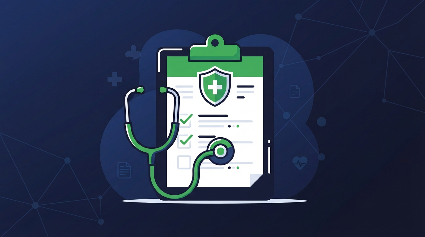 Icon illustration of a stethoscope and clipboard for a life insurance medical exam