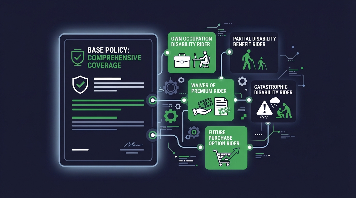 Icon illustration of attachable rider modules on a base disability insurance policy