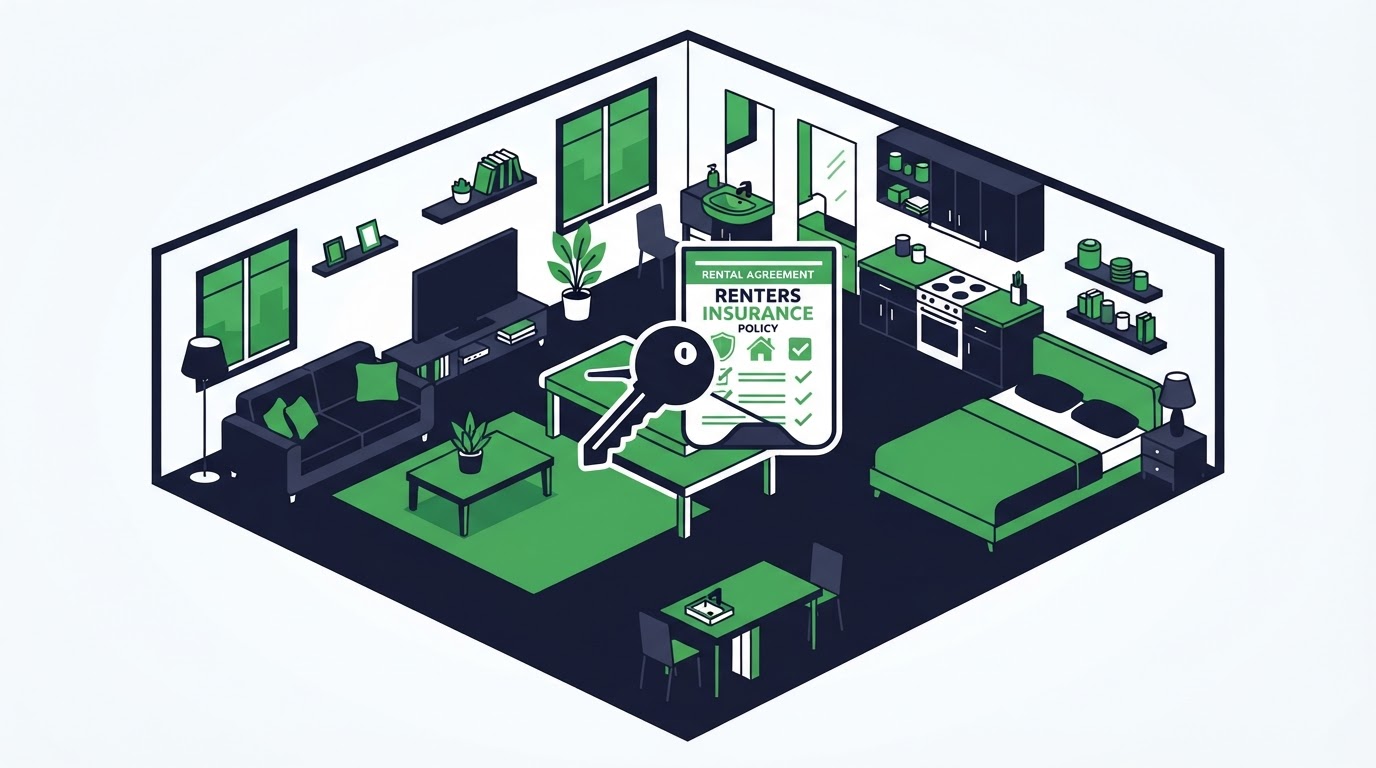 Icon illustration of a furnished apartment with a key and insurance document for renters