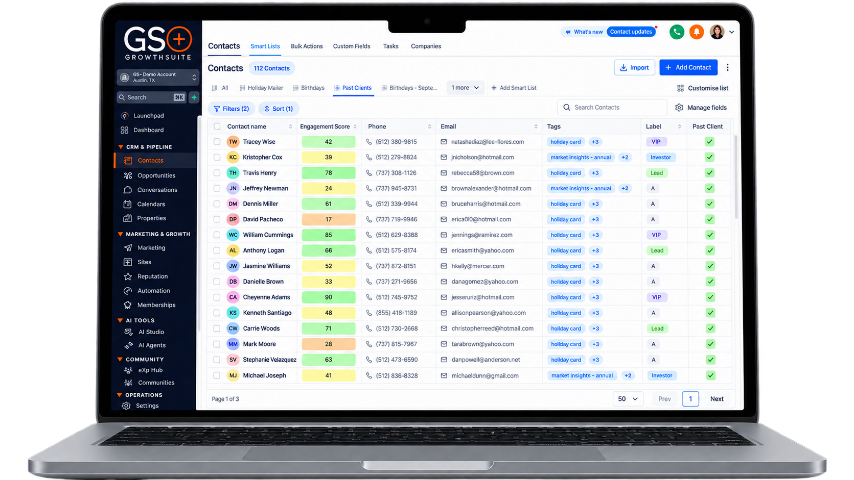 GrowthSuite+ Smart Lists showing scored real estate contacts and segmented client lists on a laptop screen