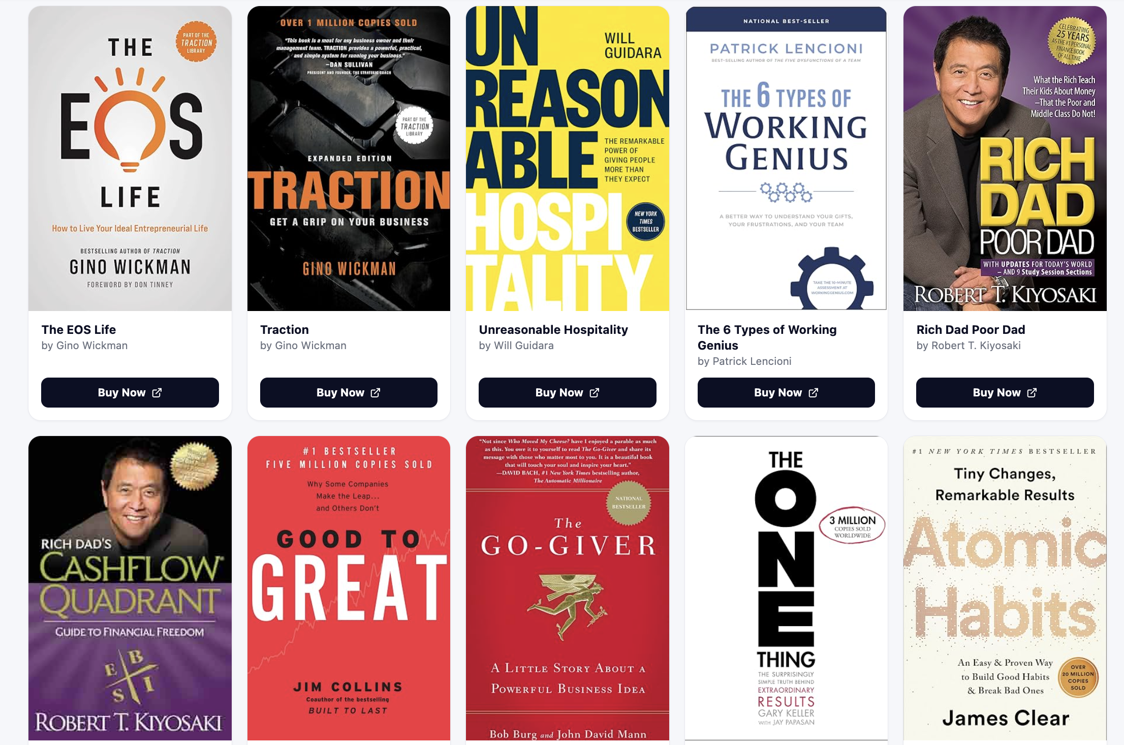 GrowthSuite+ Books & Resources Catalog Catalog Volume 1 showing curated titles and Buy Now buttons