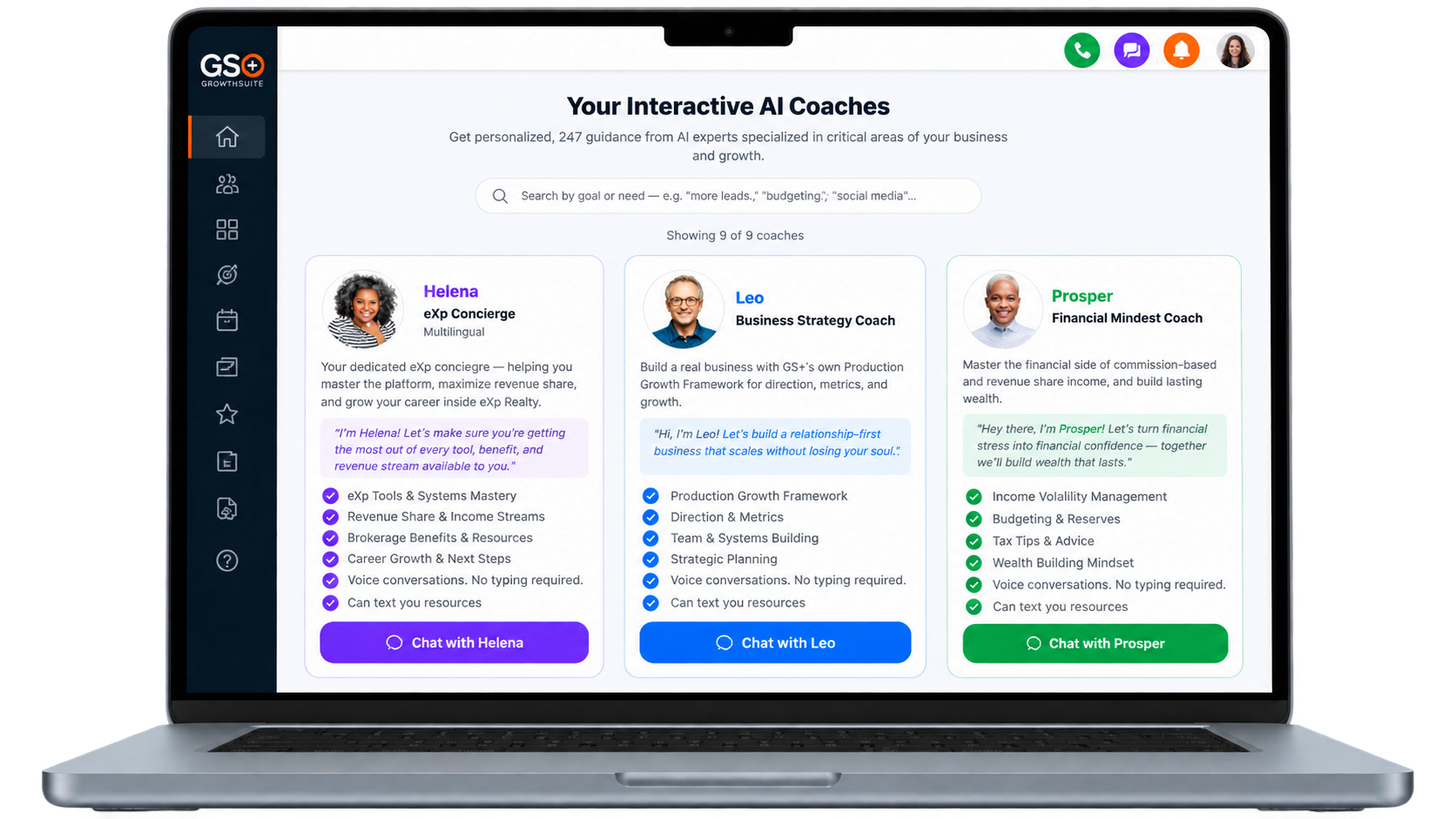 GrowthSuite+ Interactive Growth Guides dashboard showing Helena the eXp Concierge, Leo the Business Strategy Guide, Prosper the Money Mindset Guide, and live chat options on a laptop screen