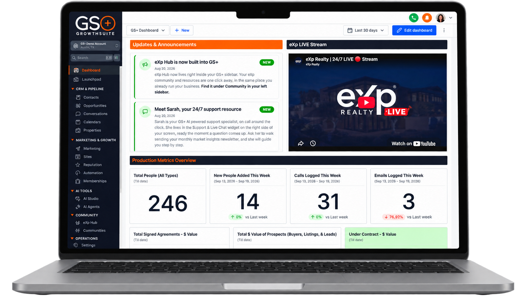 GrowthSuite+ Agent Success Hub dashboard showing Updates, Announcements, eXp LIVE Stream, and Production Metrics on a laptop screen