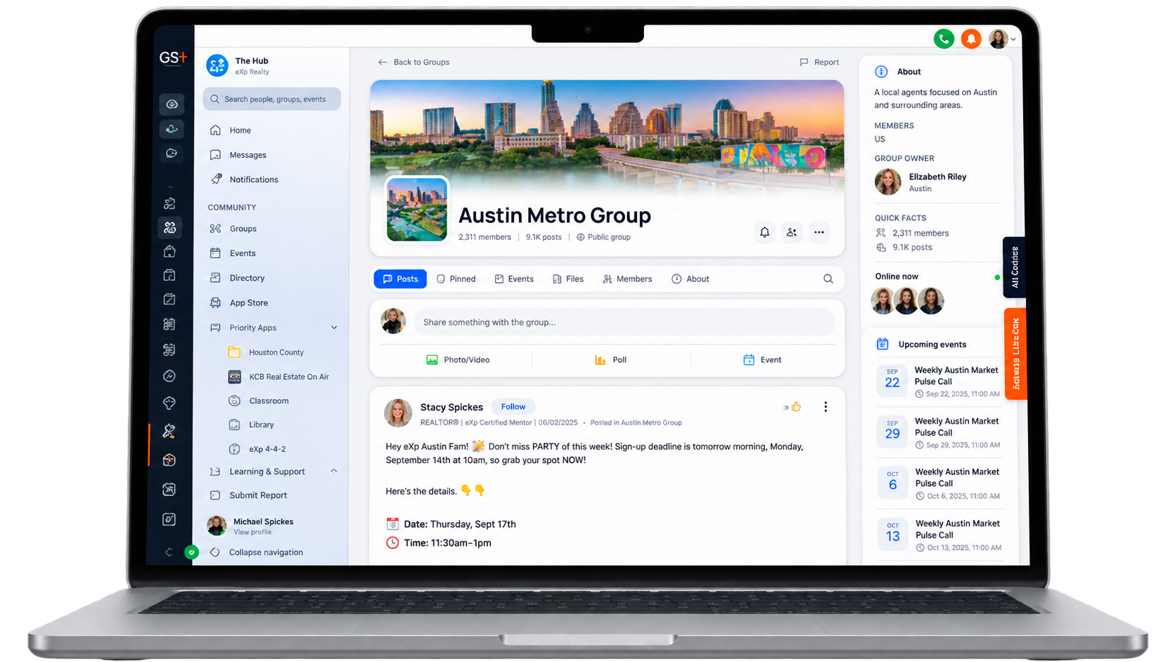 GrowthSuite+ integrated eXp Hub community screen with stories, post feed, groups, and featured events shown on a laptop