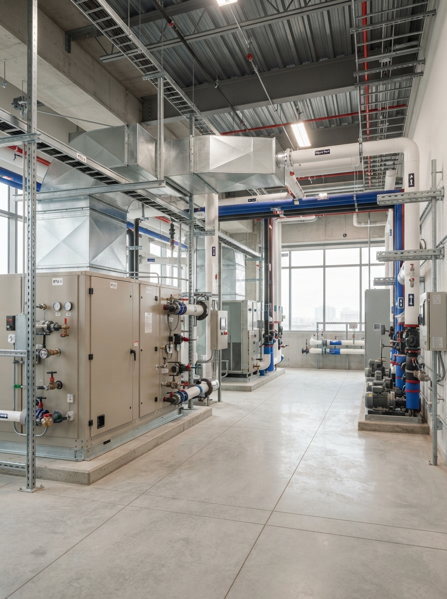 Clean, well-maintained commercial plant room with HVAC and mechanical equipment