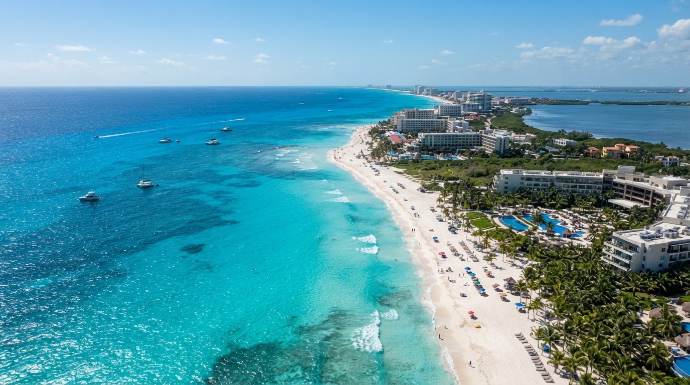 Turquoise Caribbean water and white sand beach in Cancun