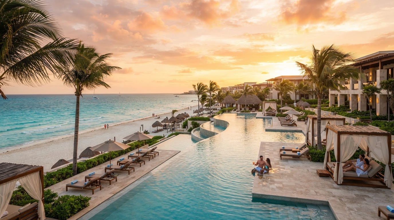 Luxury 5-star Cancun beach resort with infinity pool overlooking turquoise Caribbean Sea at sunset
