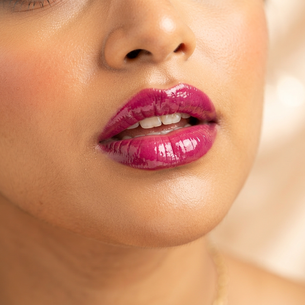 Model wearing Bee&Beauty Honey Glaze Serum Lipstick