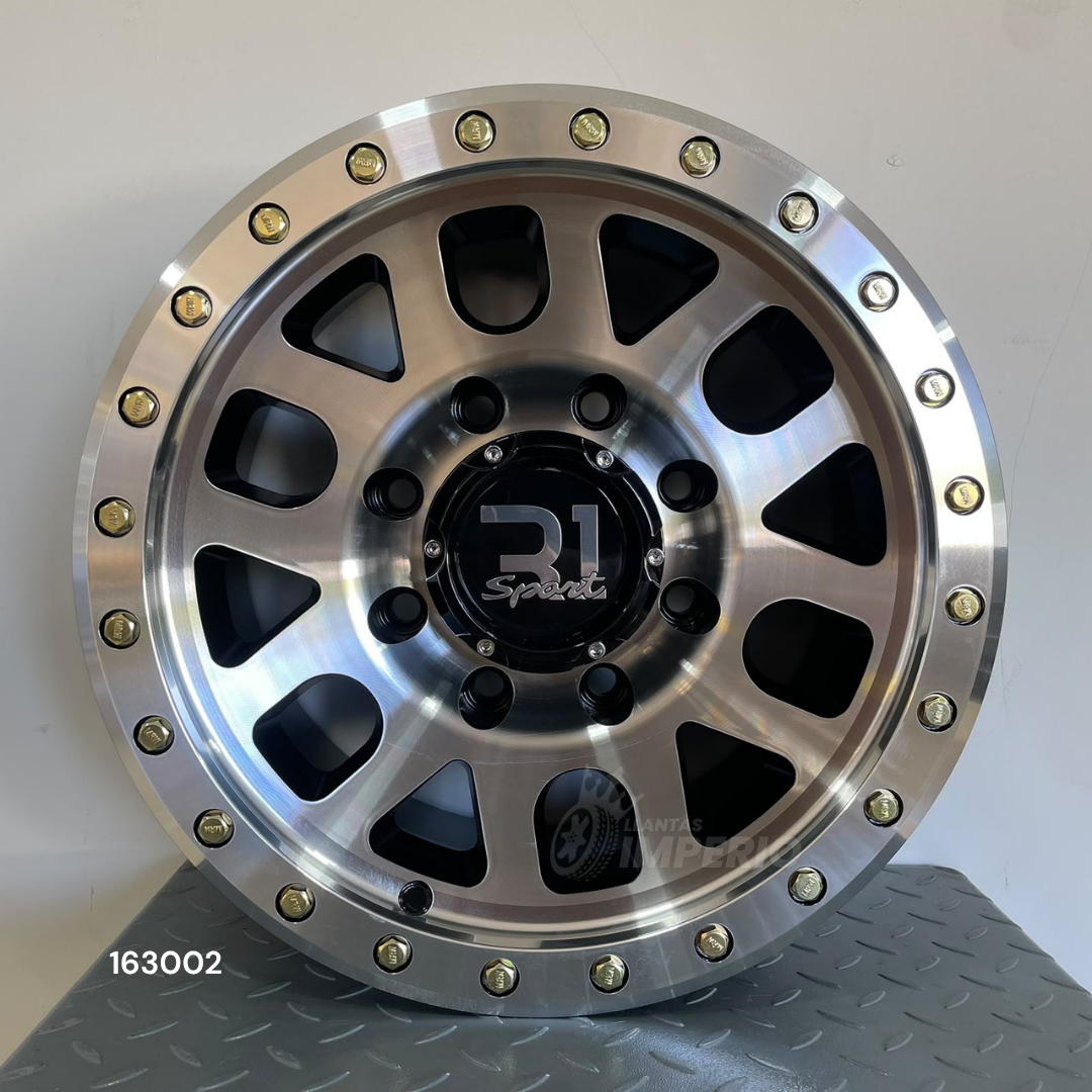 Rin R1 SPORT MACHINED FACE GOLD RIVETS 16X8 8-170 - Llantas Imperio