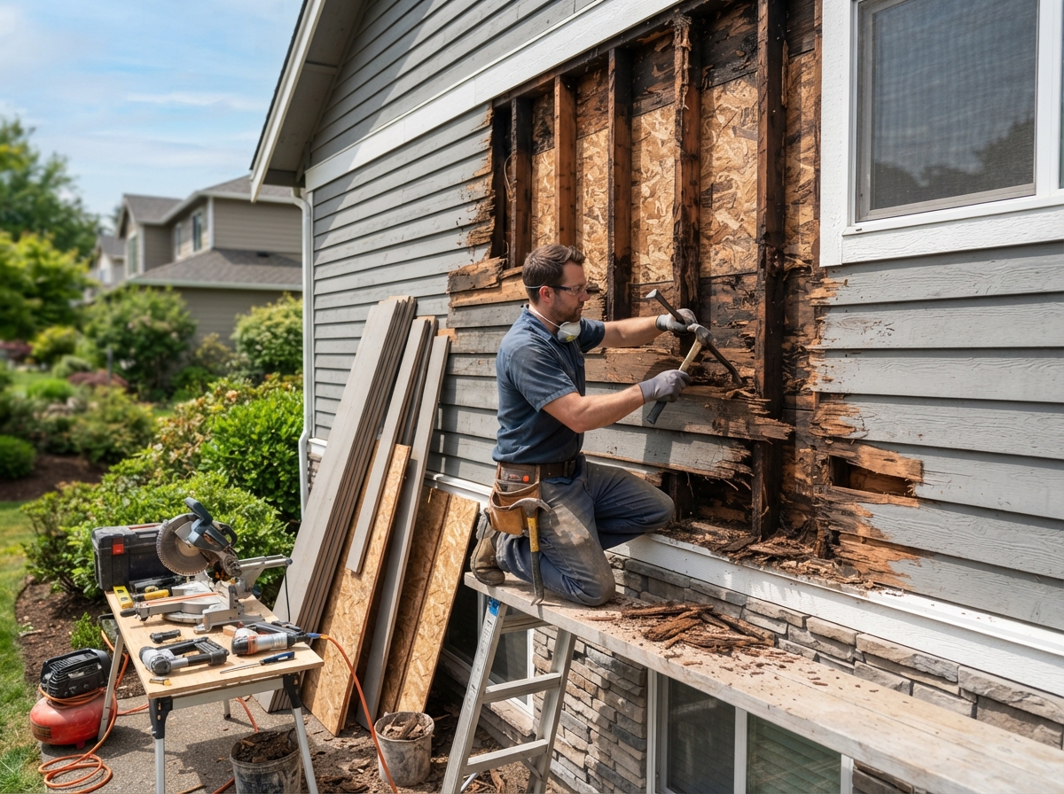 Dry rot repair on exterior wood siding