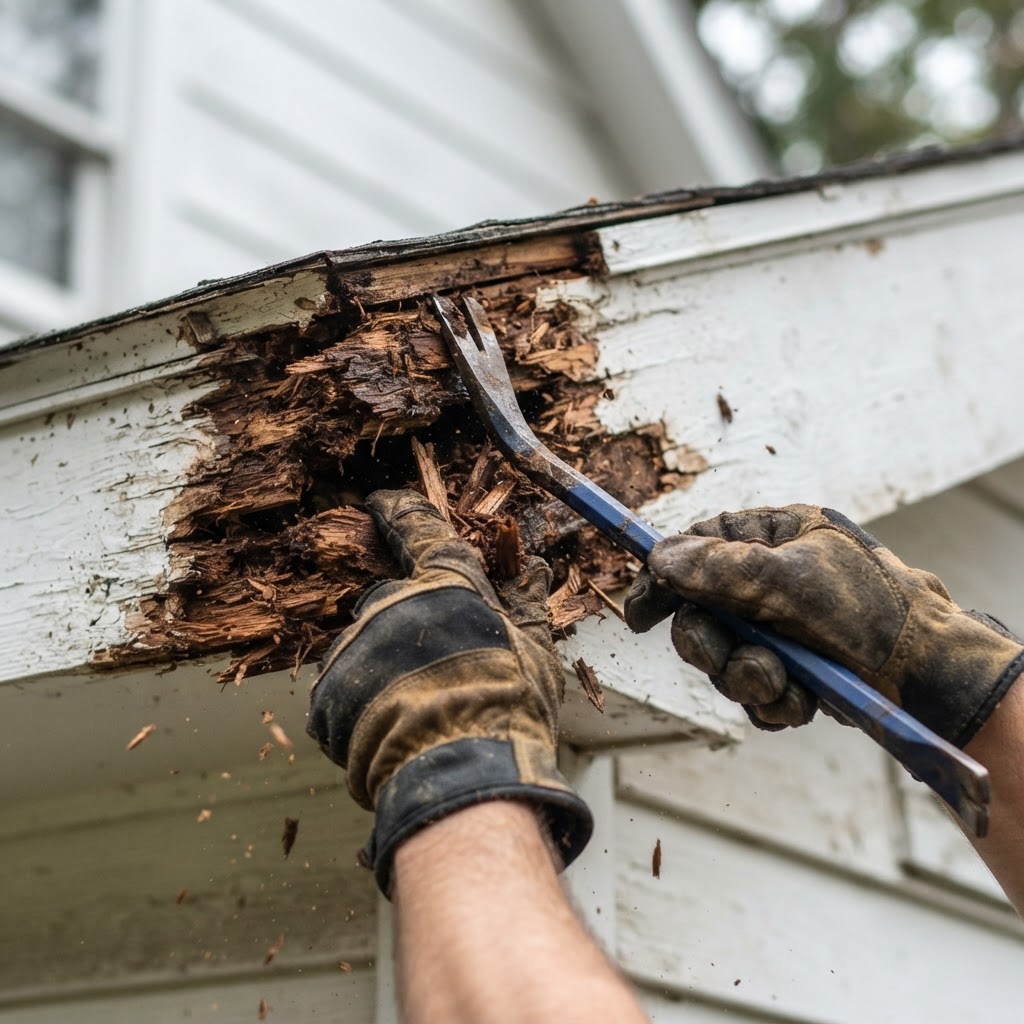 Close up of carpenter's gloved hands repairing and replacing dry rot exterior wood trim with a pry bar