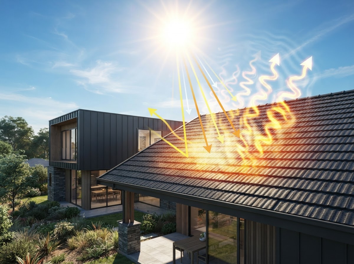 Solar heat and infrared rays reflecting off a tile roof coated with Shieldcoat Thermobond IR