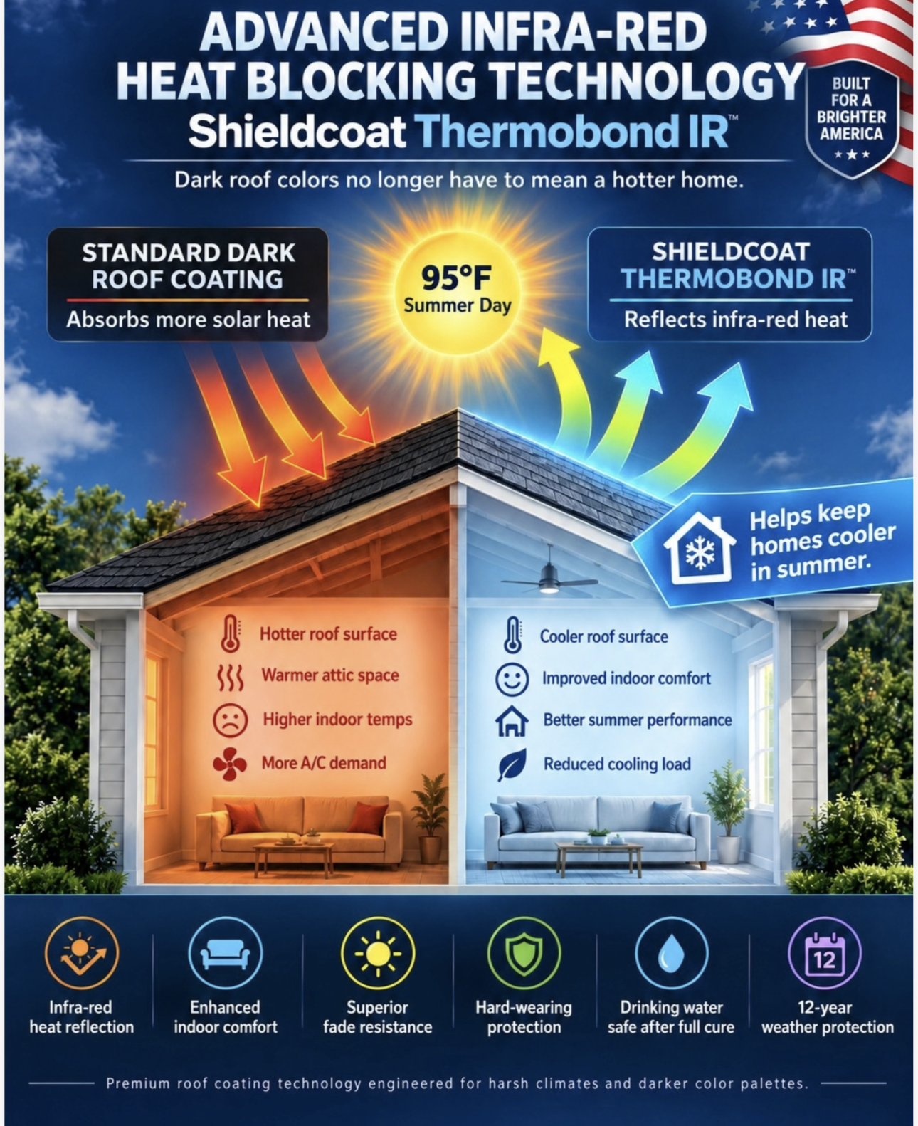 Shieldcoat Thermobond IR advanced infrared heat blocking technology diagram showing standard dark roof vs reflective roof coating performance
