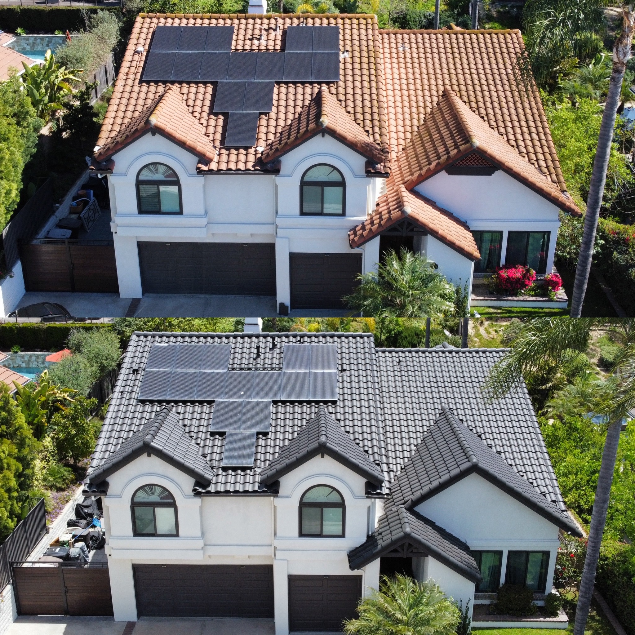 Two-Story Spanish Tile Roof with Solar to Charcoal Black