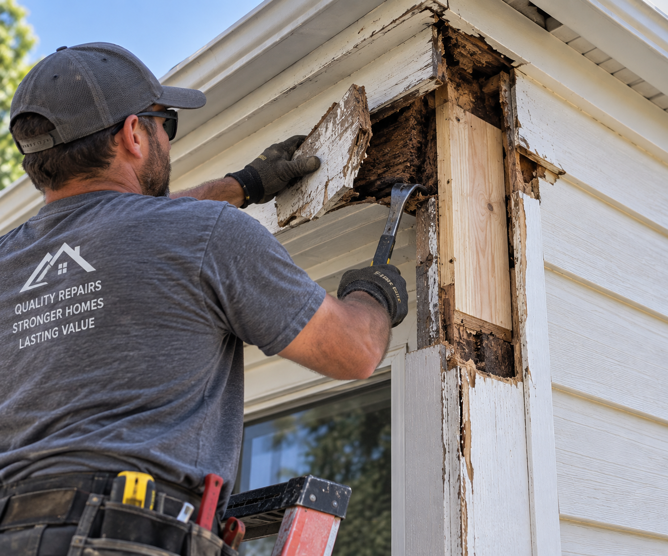 Professional dry rot repair on exterior wood trim and siding