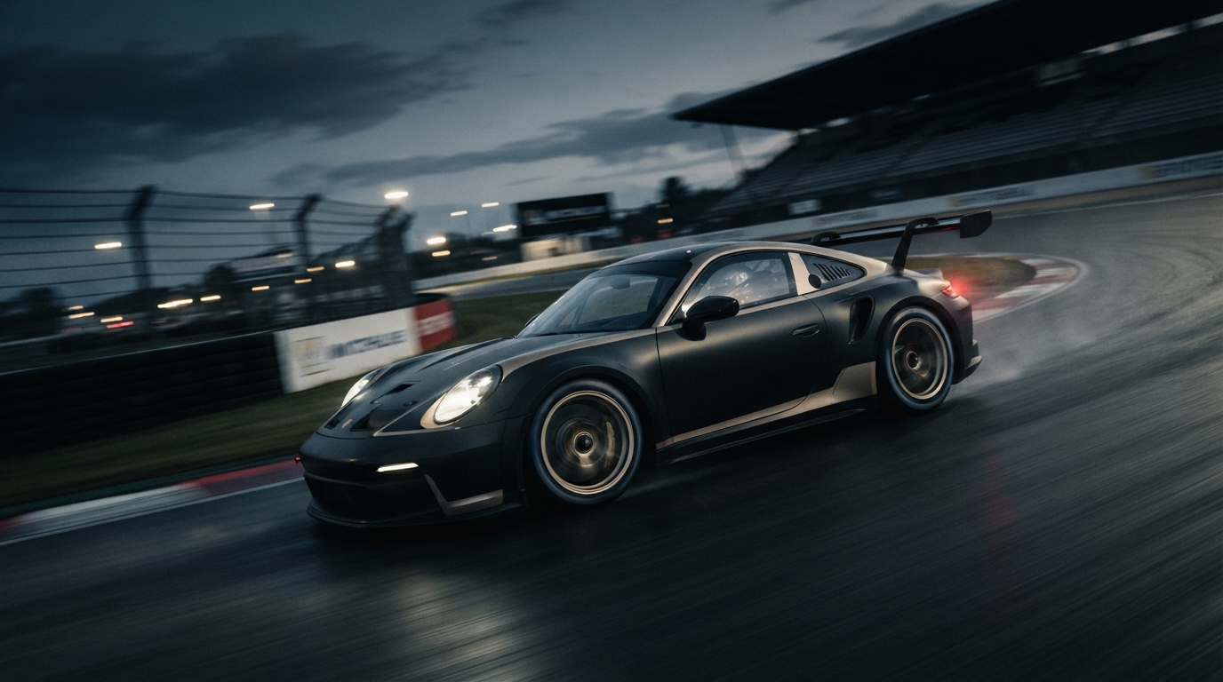 Nexial Race Team Porsche Cup race car on track, dynamic motorsport composition