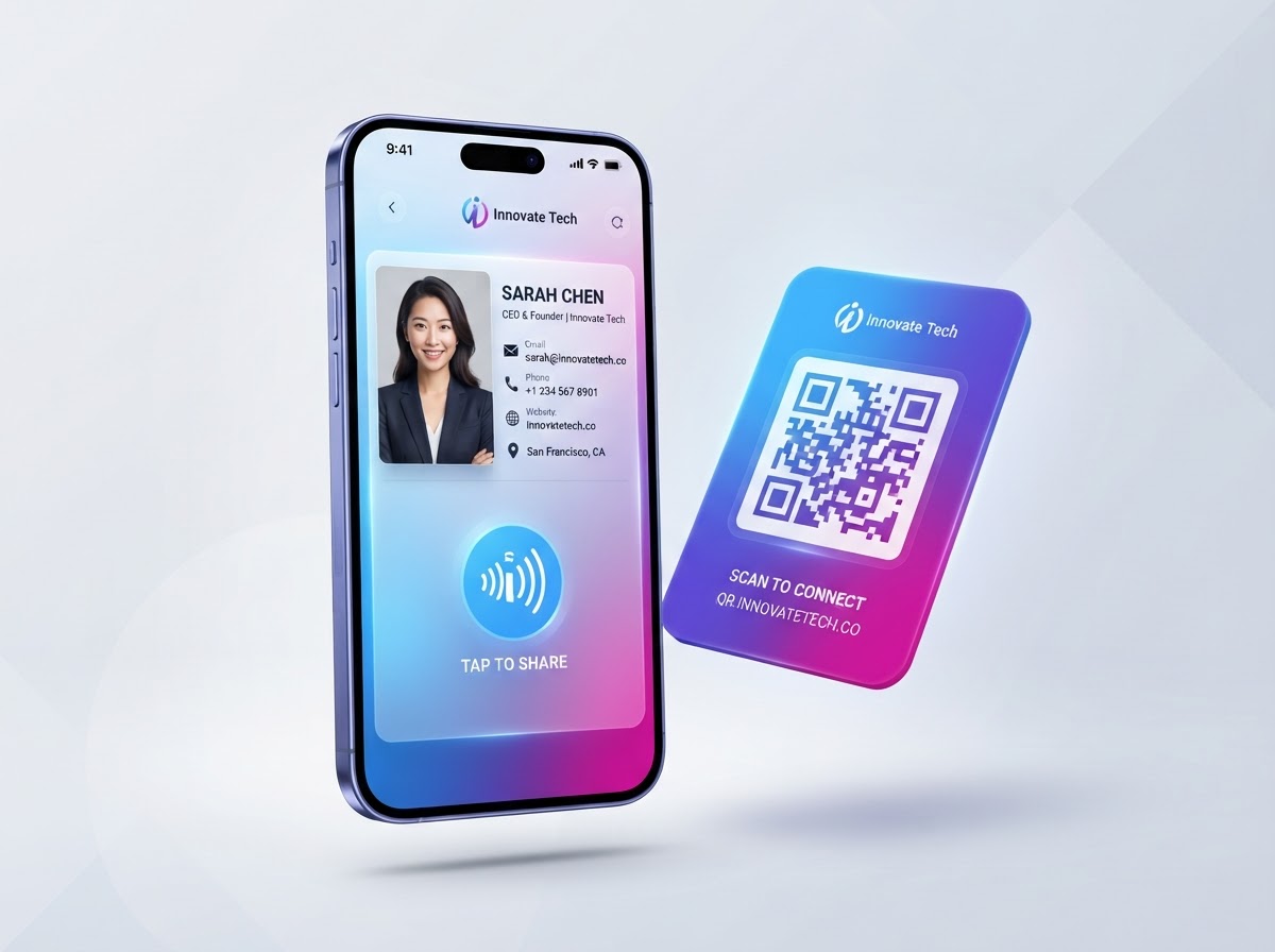 DigiAutomize DigiBiz Cards custom digital business card on a smartphone with QR sharing