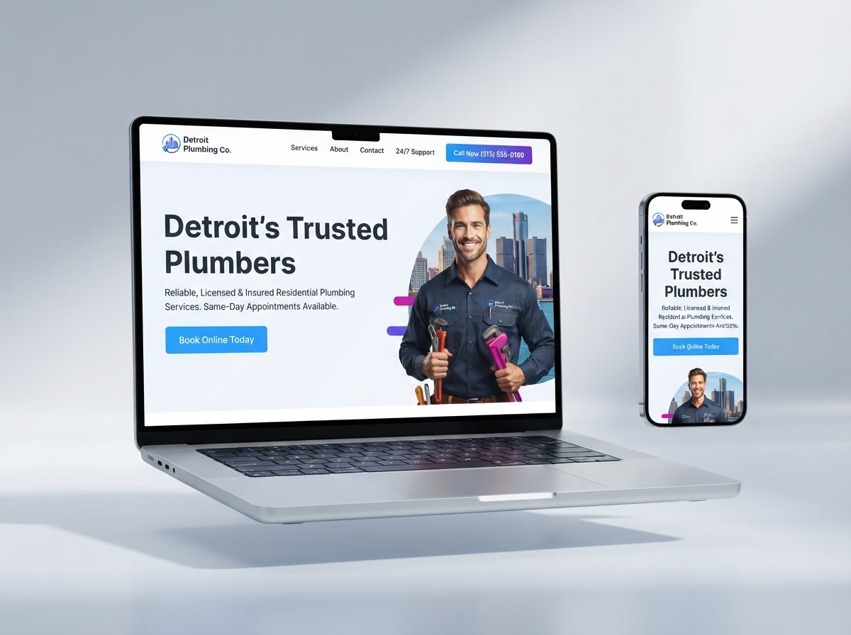 DigiAutomize DigiSites smart website on a laptop and smartphone showing an example home service business homepage