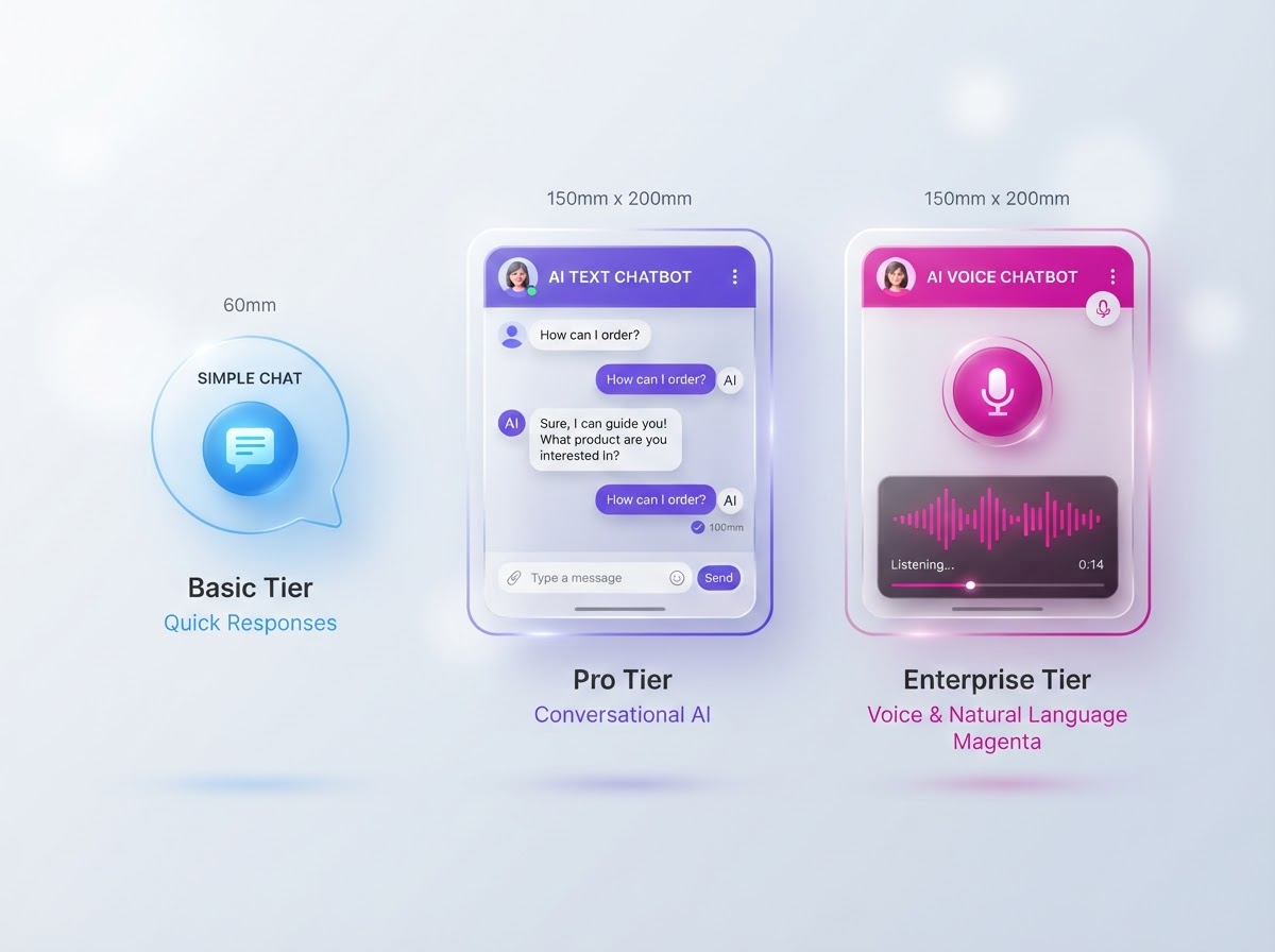 DigiAutomize DigiChatbots showing a chat widget, AI chatbot, and AI voice chatbot tiers
