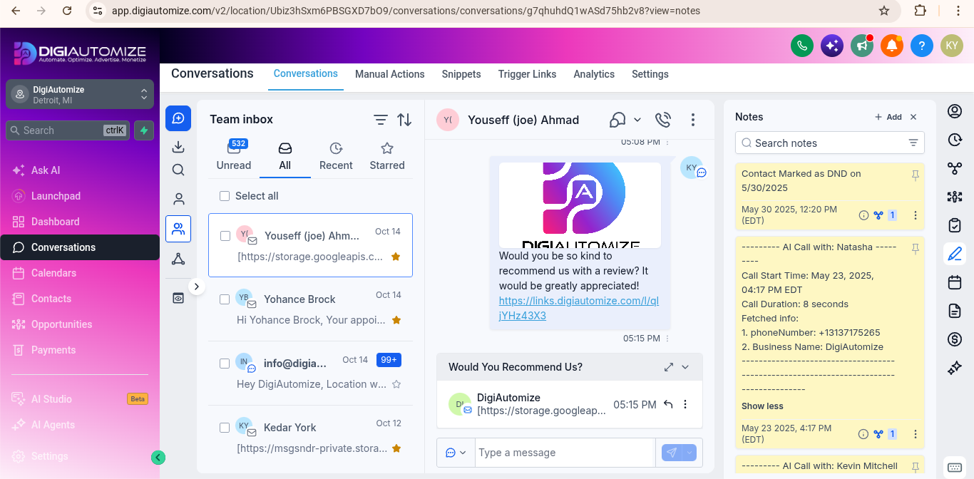 Actual DigiCRM Conversations Hub showing unified team inbox, customer messaging, review requests, and AI call notes