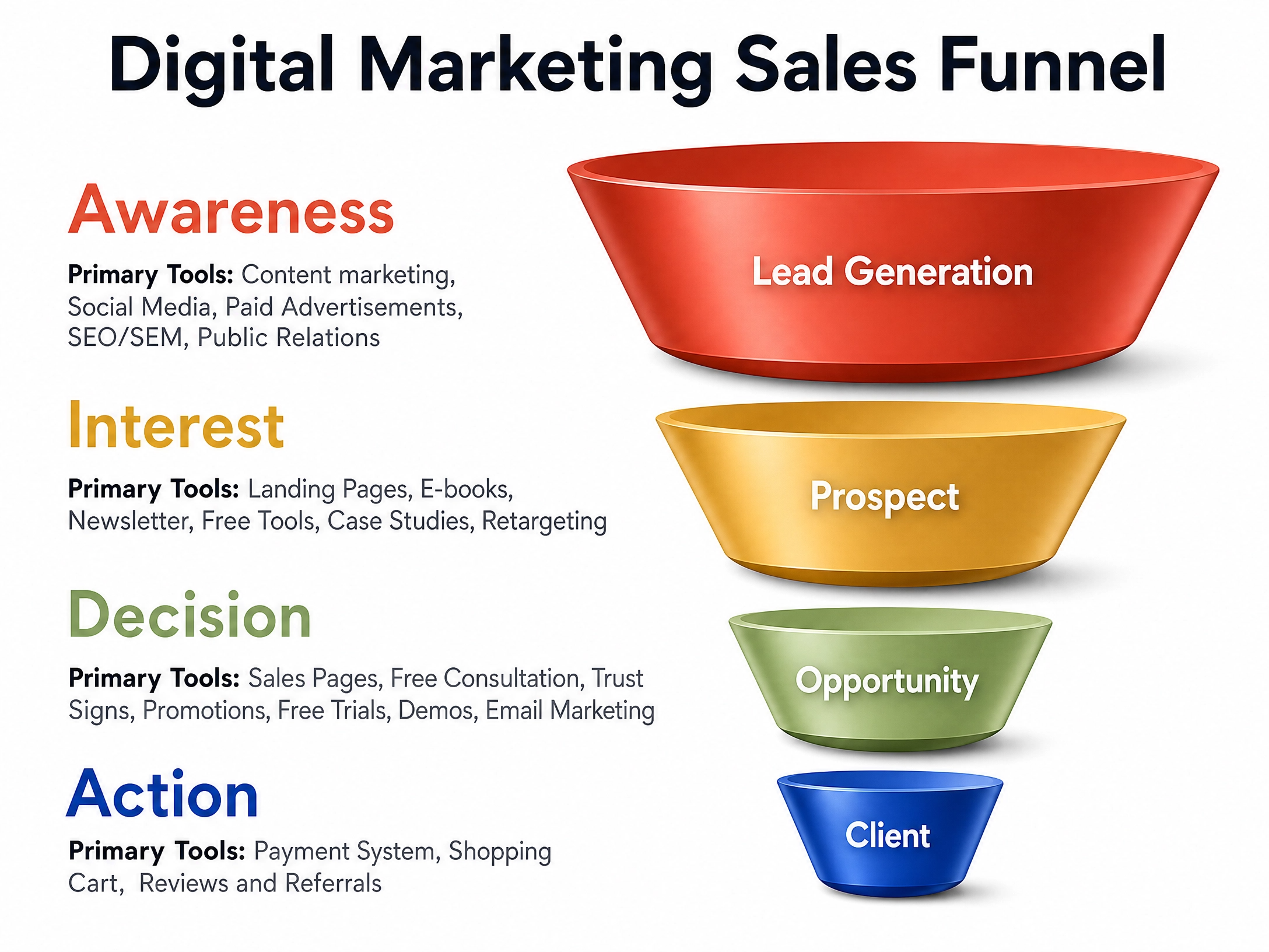 Digital Marketing Sales Funnel showing Awareness, Interest, Decision, and Action stages