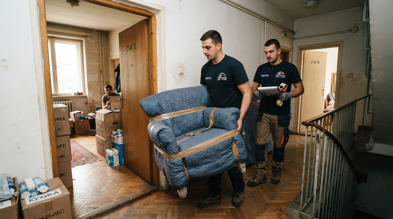 Ekipa agencije za selidbe pažljivo iznosi zapakovan nameštaj