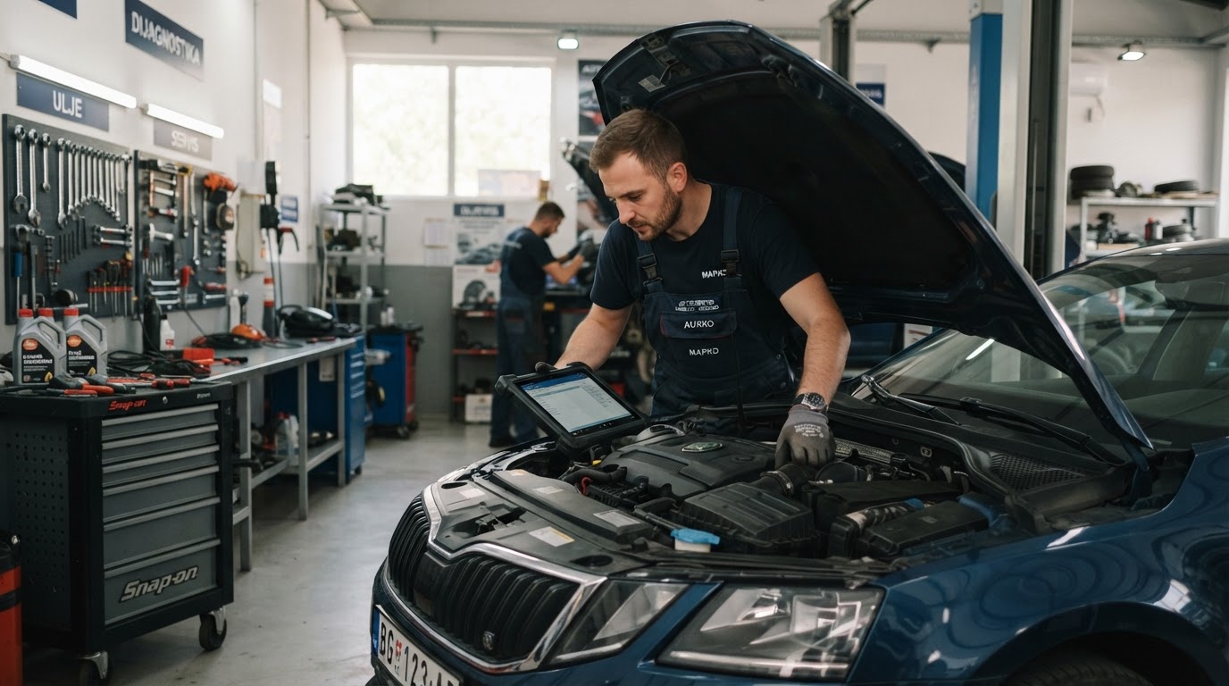 Mehaničar pregleda motor automobila u urednoj radionici