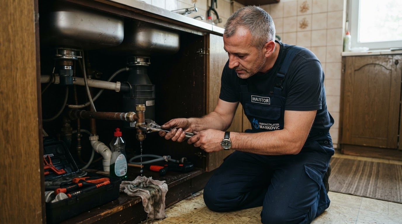 Profesionalni vodoinstalater popravlja cevi ispod sudopere