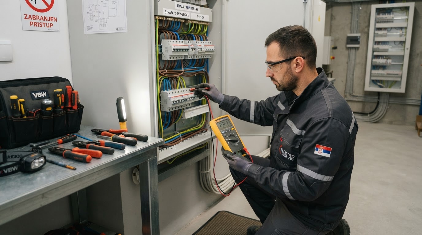 Professional electrician working on electrical wiring and a fuse box
