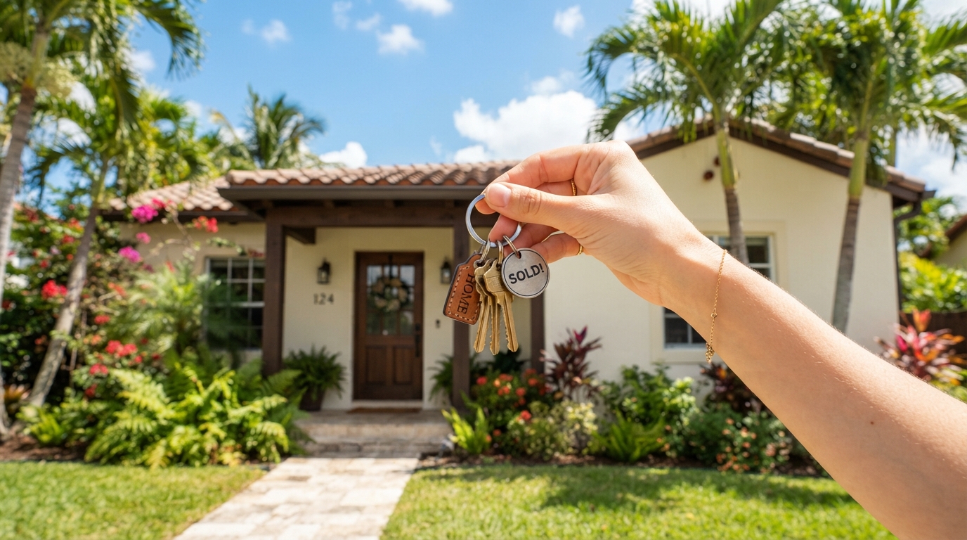 Hand holding new house keys in front of a bright South Florida home with palm trees