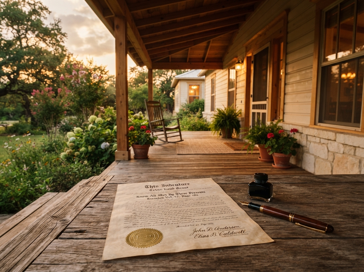 A Texas family home beside a recorded property deed and fountain pen, representing a Transfer on Death Deed
