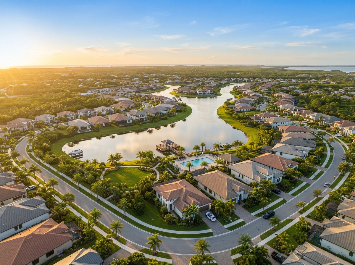 Aerial view of a modern Florida new-construction community at golden hour with palm trees, lakes, and lush tropical landscaping
