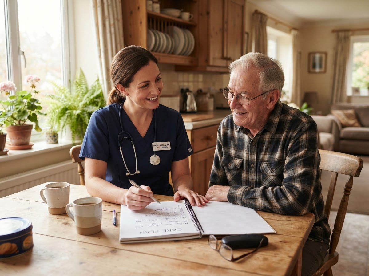 A caregiver and a senior reviewing a care plan at home in Windsor
