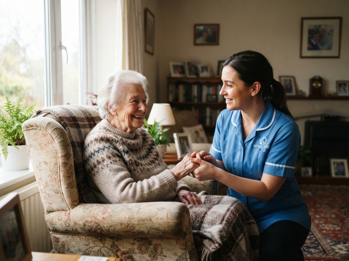 A caregiver holding the hand of a senior at home in Windsor
