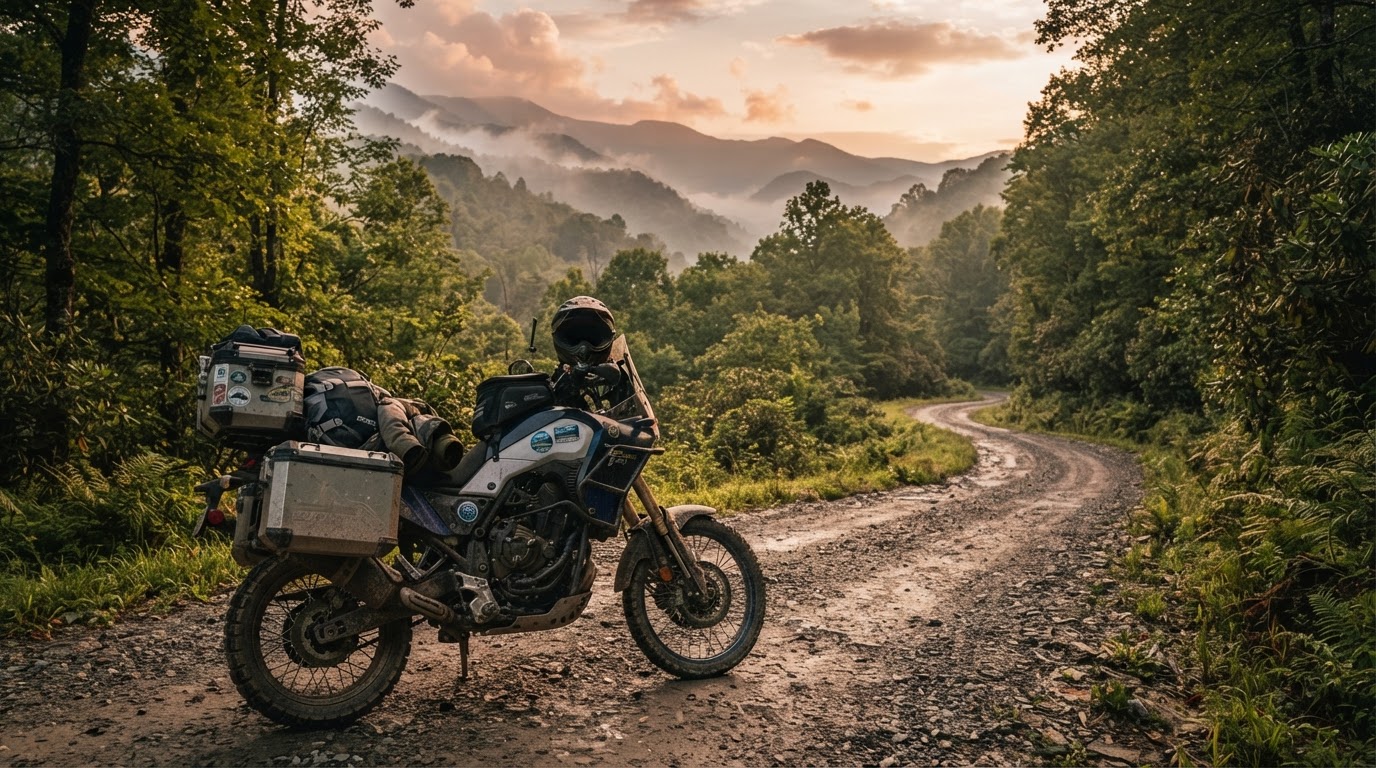 Adventure motorcycle on a gravel mountain road in Western North Carolina for a South East Backcountry Discovery Route rental
