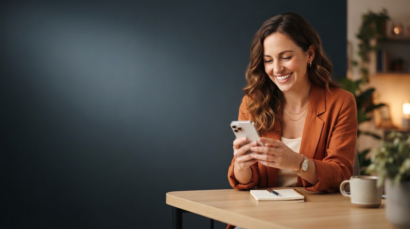 Small business owner engaging with social media on a smartphone