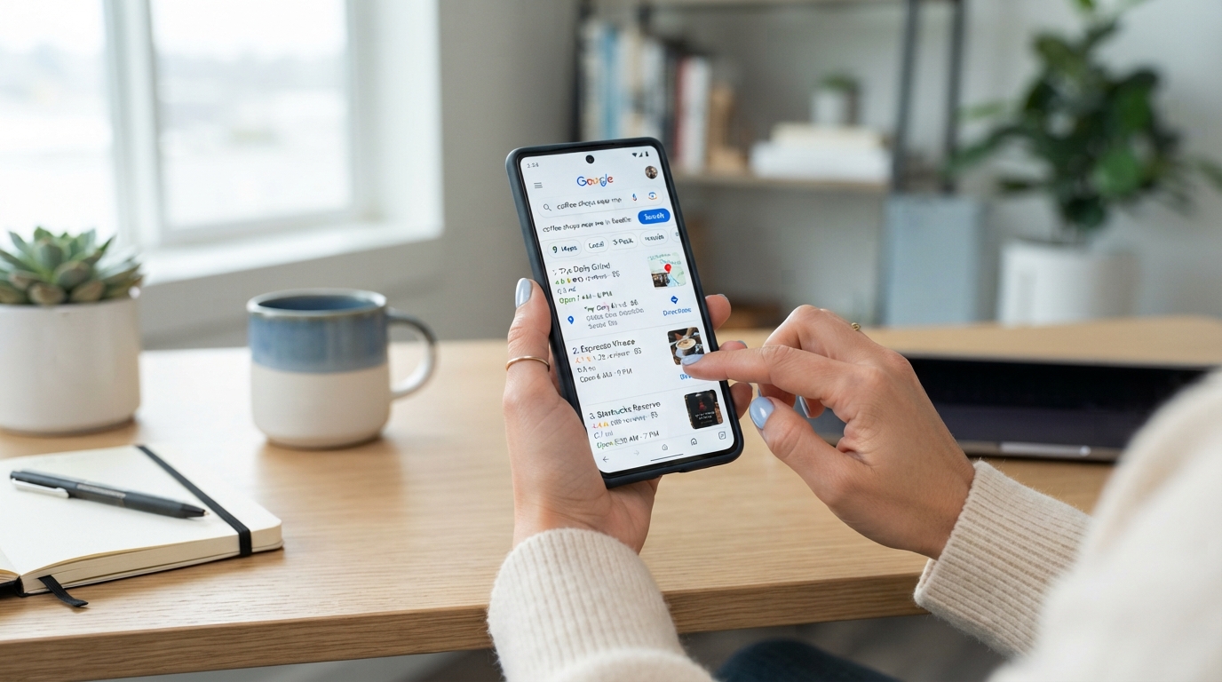 Searching Google for a local business on a smartphone — local SEO by Web Wisconsin for Retail Stores in Wisconsin