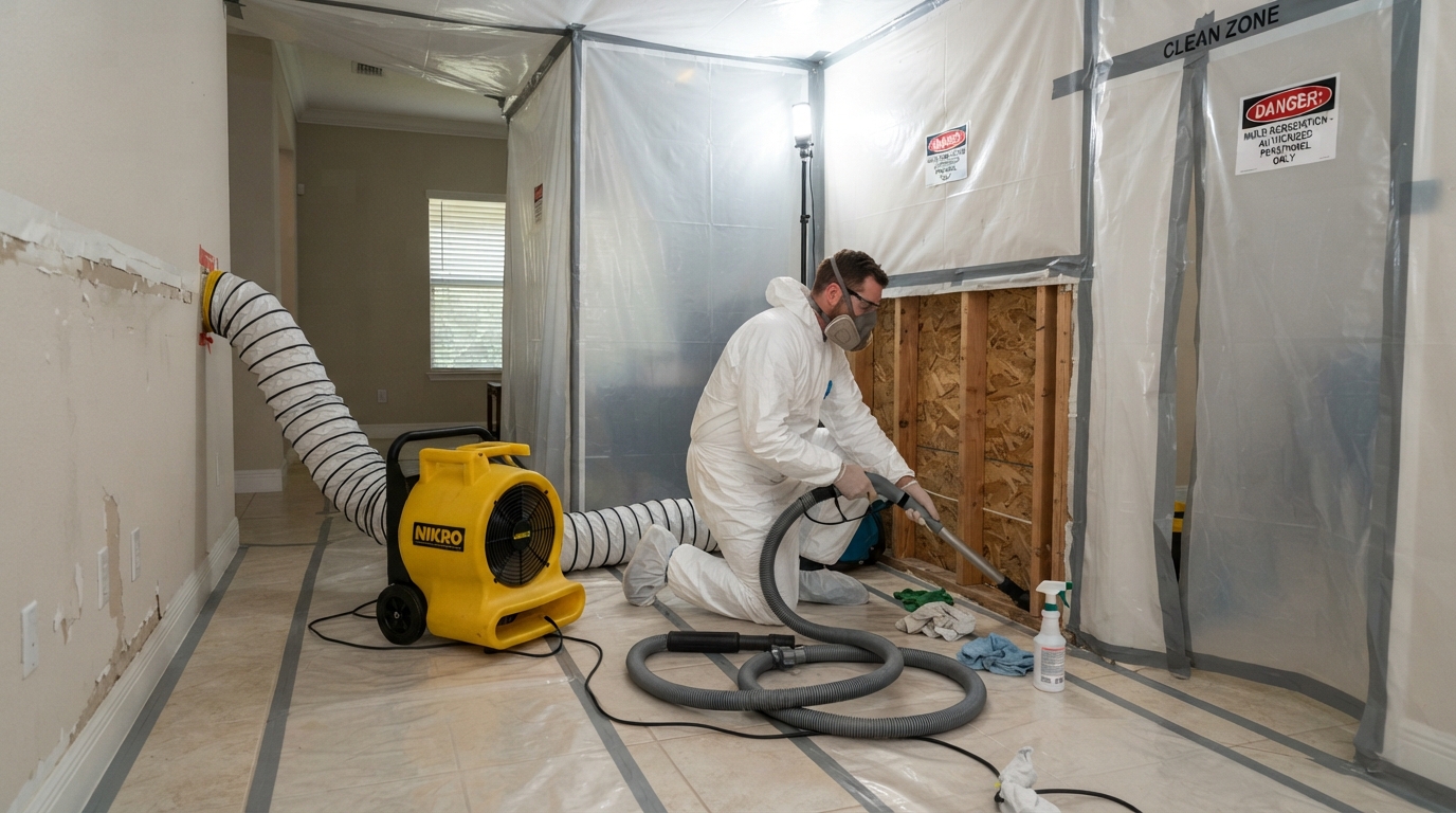 Professional mold remediation technician in PPE working inside a poly containment barrier with HEPA negative-air scrubber equipment
