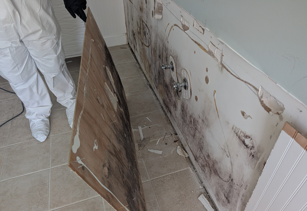 JLX remediation technician in protective gear removing affected wall materials during mold remediation project in Stuart, Florida