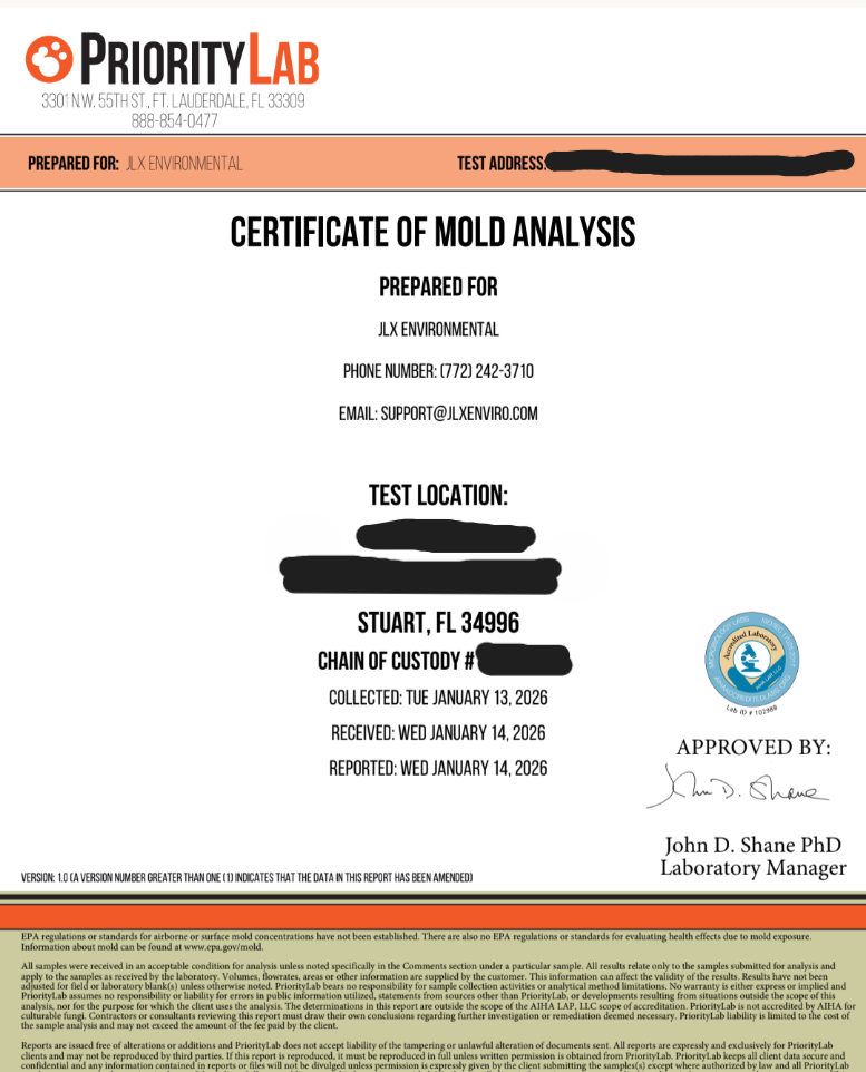Example of PriorityLab Certificate of Mold Analysis laboratory documentation prepared for JLX Environmental post-remediation air testing