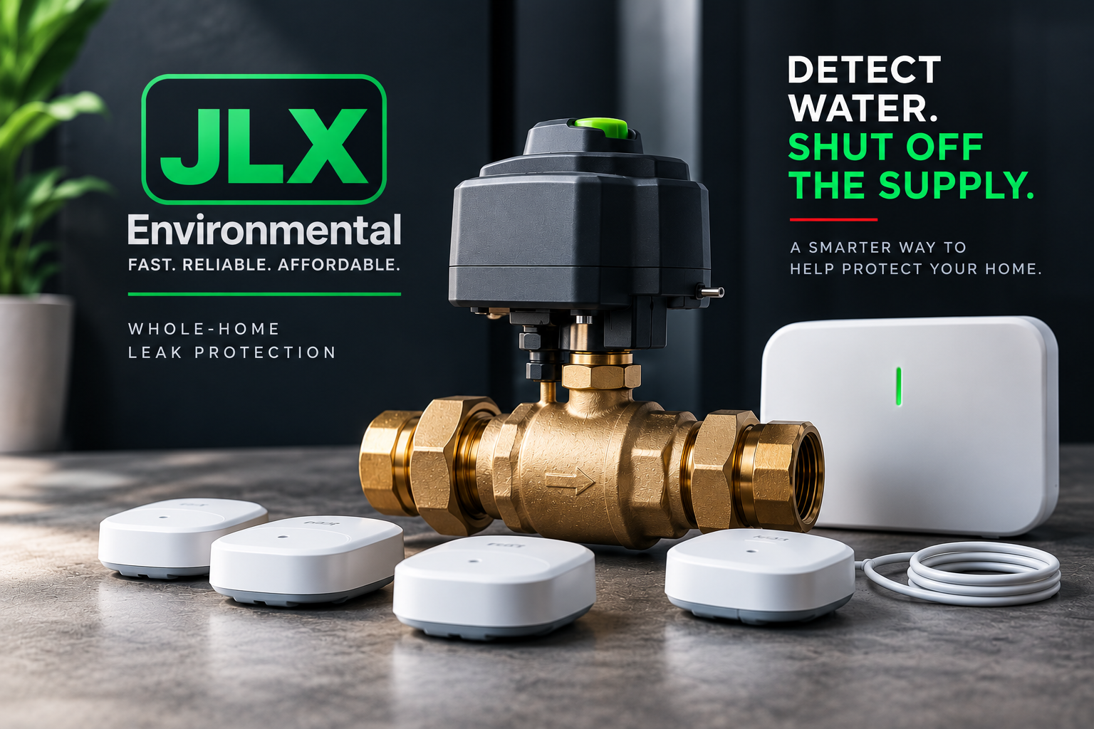 JLX Environmental Whole-Home Leak Protection with water sensors and automatic main water shutoff valve